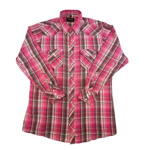 White Horse Pink Plaid Western Pearl Snap Shirt Womens Large Long Sleeve Cowboy